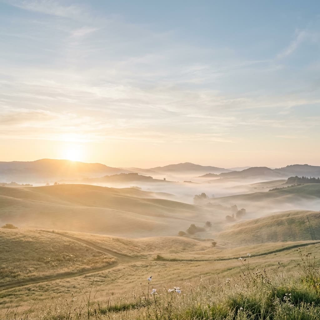 A peaceful sunrise over gentle hills